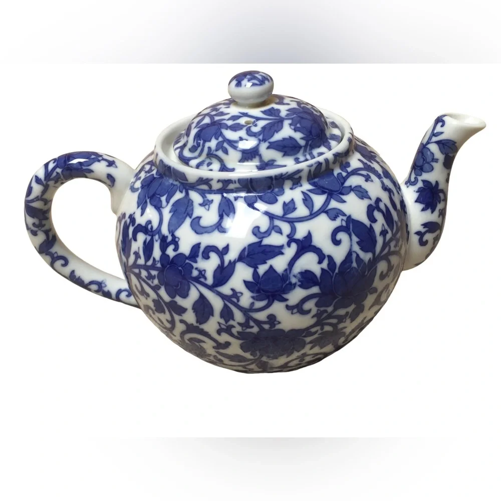 Williams Sonoma Teapot Decor Pot Kettle Accent blue white floral decorative tea